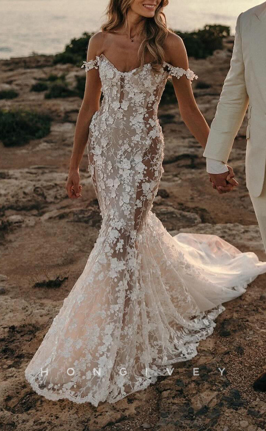 H1659 - Chic Lace Trumpet Off-Shoulder Illusion Appliques With Tulle Train Boho Wedding Dress - Fashionpara