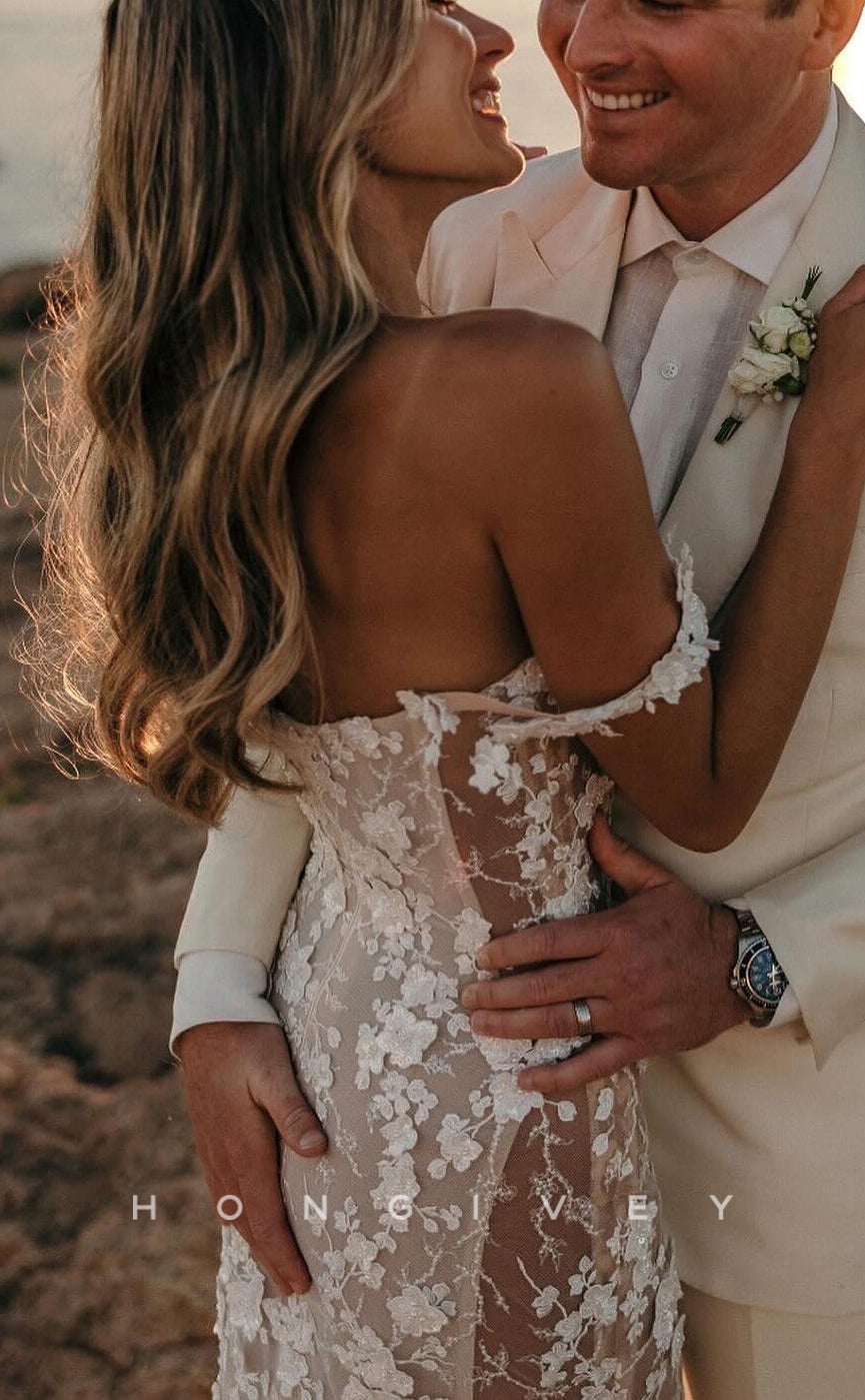 H1659 - Chic Lace Trumpet Off-Shoulder Illusion Appliques With Tulle Train Boho Wedding Dress - Fashionpara