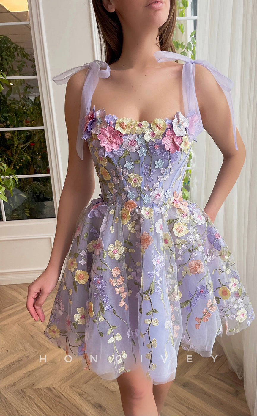 H1664 - Sweet Illusion Fully Foliage Lace Appliqued With Bow Detail Short Party Homecoming Graduation Dress - Fashionpara