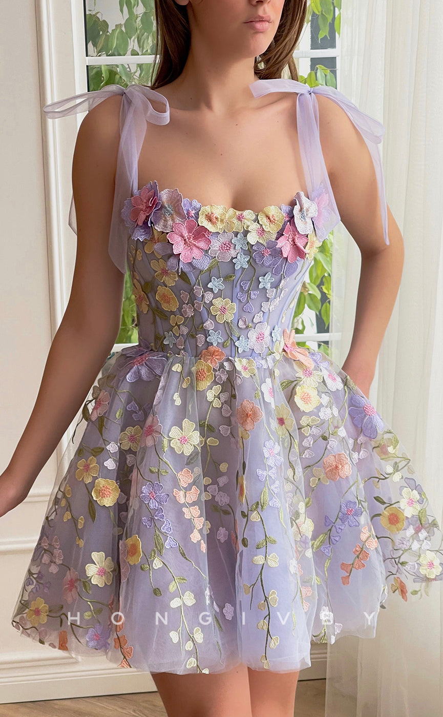 H1664 - Sweet Illusion Fully Foliage Lace Appliqued With Bow Detail Short Party Homecoming Graduation Dress - Fashionpara