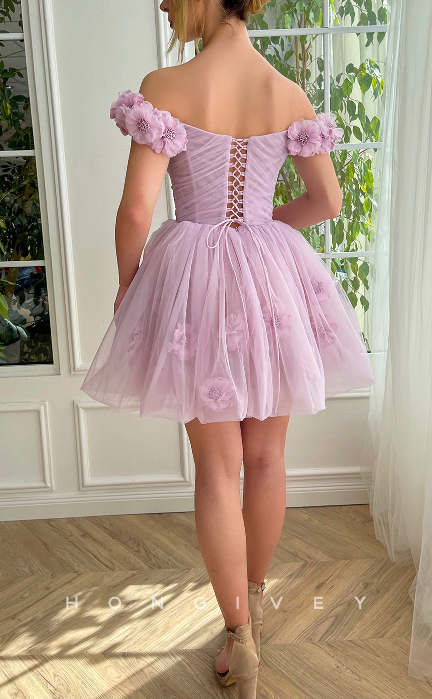 H1665 - Sweet Illusion Floral Embossed Lace-Up Back Short Party Homecoming Graduation Dress - Fashionpara