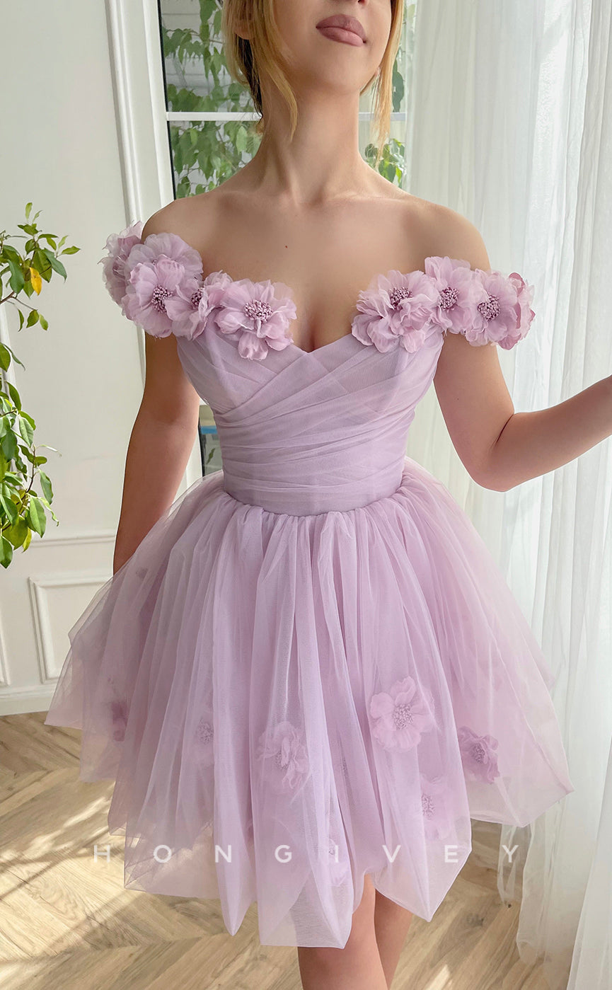 H1665 - Sweet Illusion Floral Embossed Lace-Up Back Short Party Homecoming Graduation Dress - Fashionpara