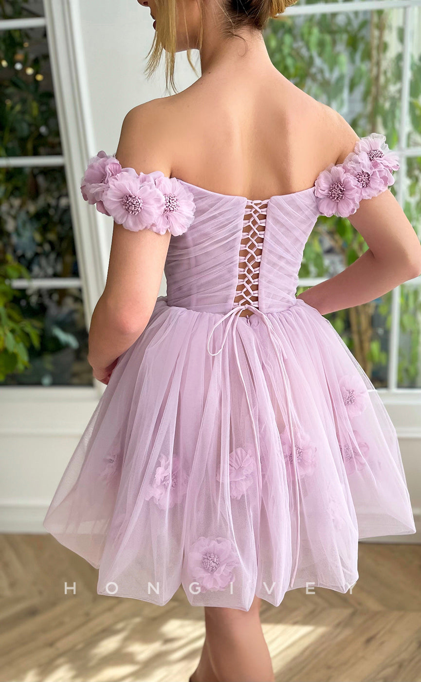 H1665 - Sweet Illusion Floral Embossed Lace-Up Back Short Party Homecoming Graduation Dress - Fashionpara