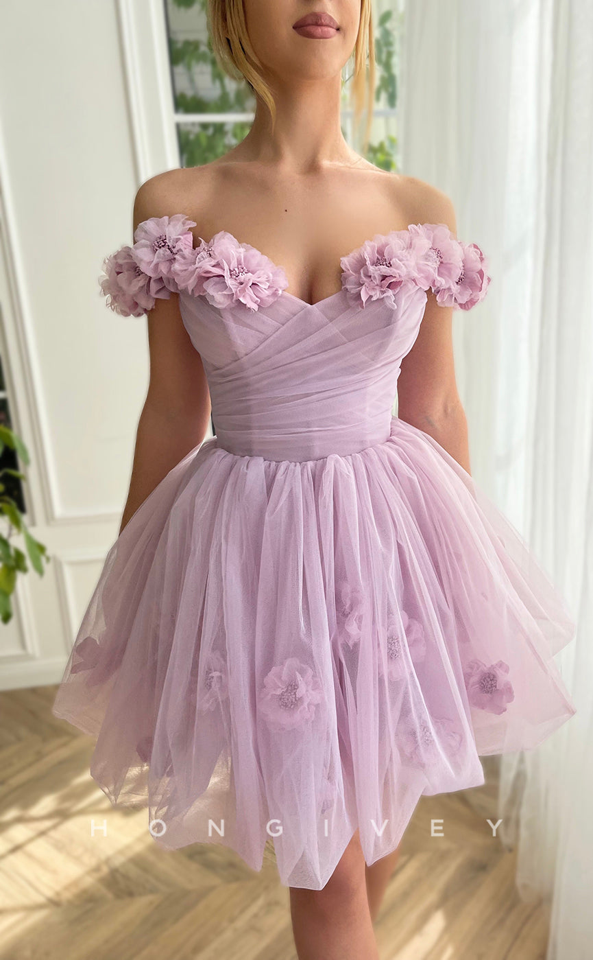 H1665 - Sweet Illusion Floral Embossed Lace-Up Back Short Party Homecoming Graduation Dress - Fashionpara