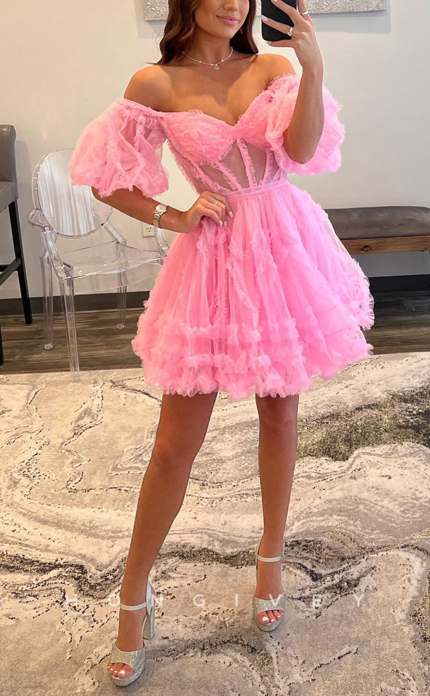 H1668 - Illusion Puff Sleeves Gown Cake Short Party Homecoming Graduation Dress - Fashionpara