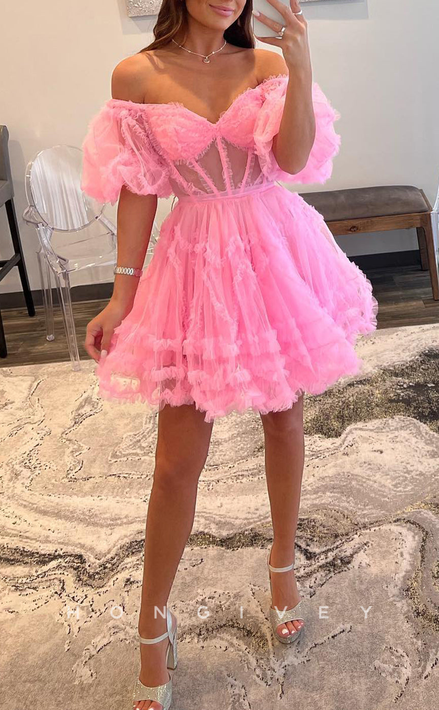 H1668 - Illusion Puff Sleeves Gown Cake Short Party Homecoming Graduation Dress - Fashionpara
