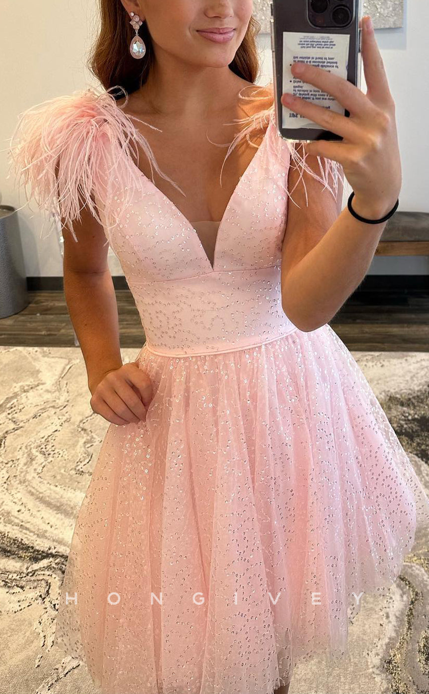 H1669 - Sheer Feathered Fully Rhinestone Plunging Illusion Short Party Homecoming Graduation Dress - Fashionpara