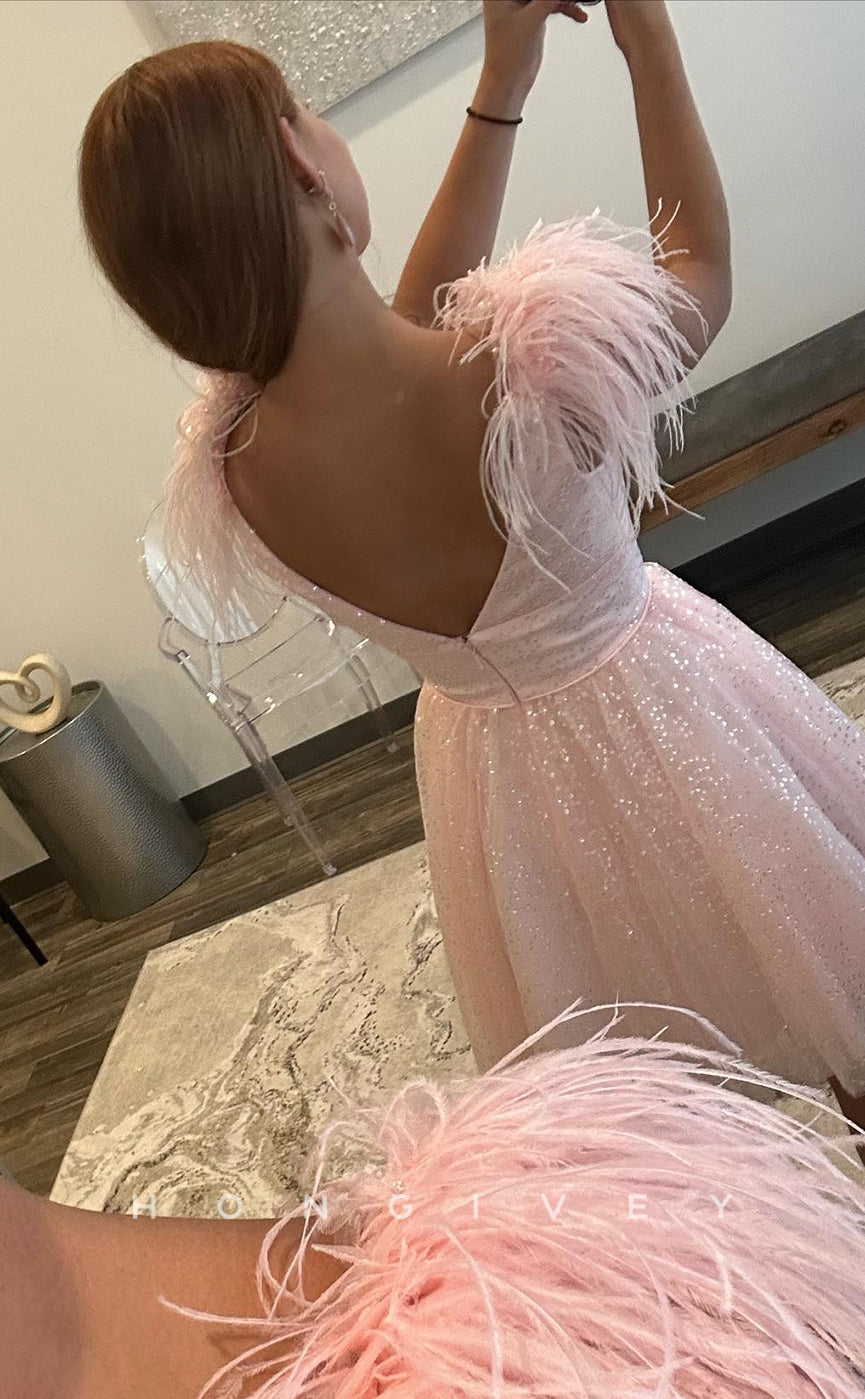 H1669 - Sheer Feathered Fully Rhinestone Plunging Illusion Short Party Homecoming Graduation Dress - Fashionpara