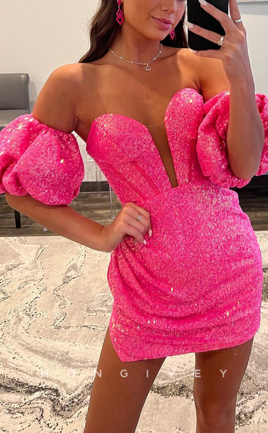 H1671 - Sheer Fully Sequined Bell Sleeved Plunging Illusion Short Party Homecoming Graduation Dress - Fashionpara