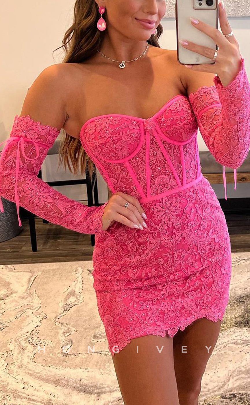 H1676 - Glitter Illusion Allover Lace Long Sleeve Short Homecoming Graduation Party Dress - Fashionpara