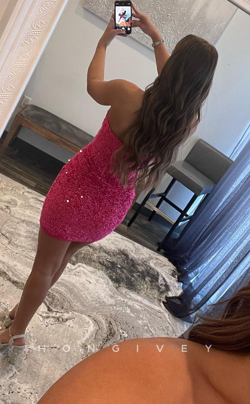 H1680 - Sexy Sparkly Fully Sequined Strapless Short  Party Homecoming Graduation Dress - Fashionpara