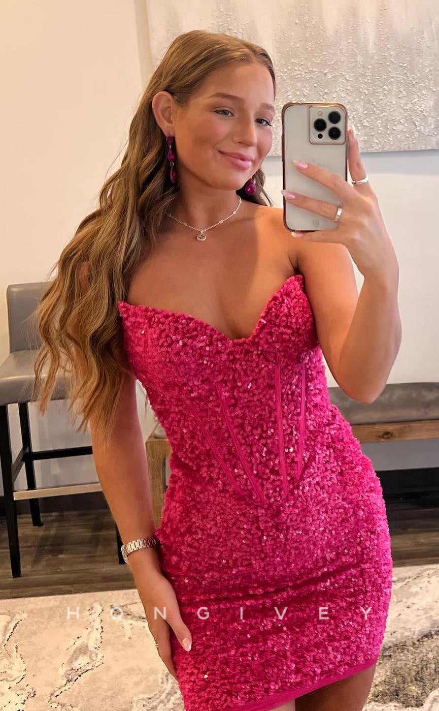 H1680 - Sexy Sparkly Fully Sequined Strapless Short  Party Homecoming Graduation Dress - Fashionpara