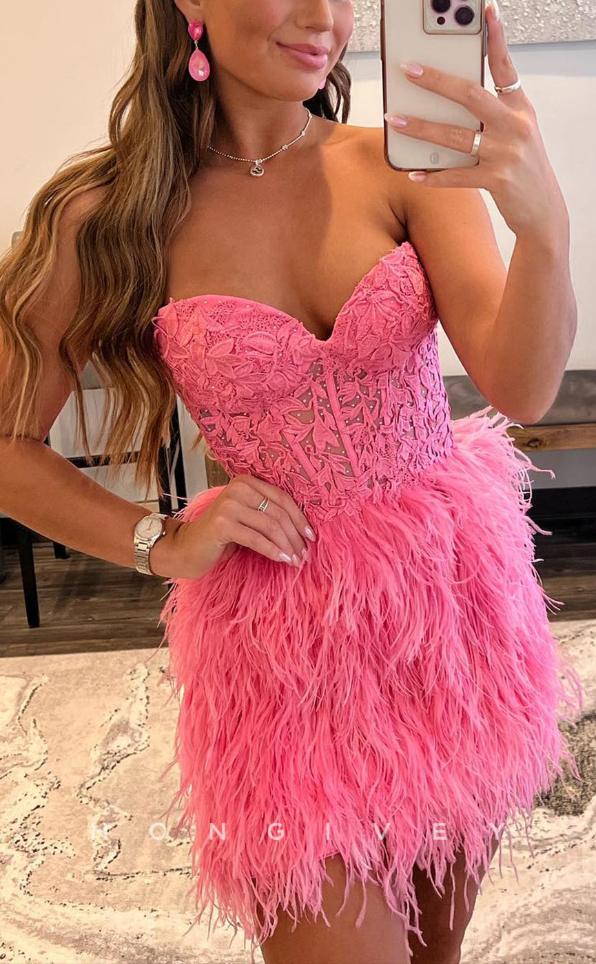 H1681 - Sweet Illusion Feathered Lace Applique Strapless Short Homecoming Graduation Party Dress - Fashionpara