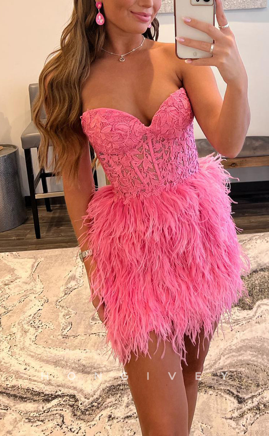H1681 - Sweet Illusion Feathered Lace Applique Strapless Short Homecoming Graduation Party Dress - Fashionpara