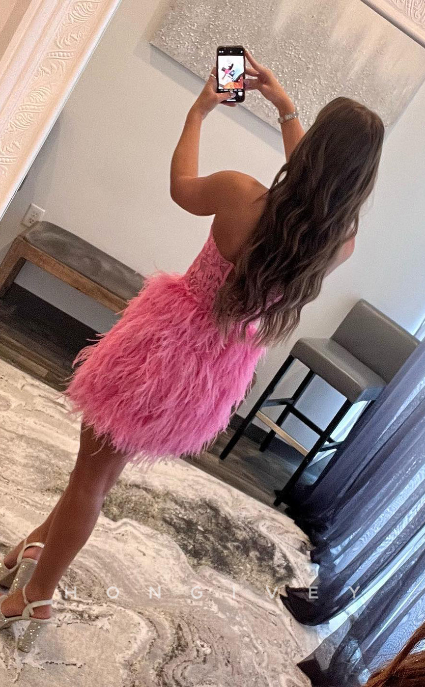 H1681 - Sweet Illusion Feathered Lace Applique Strapless Short Homecoming Graduation Party Dress - Fashionpara