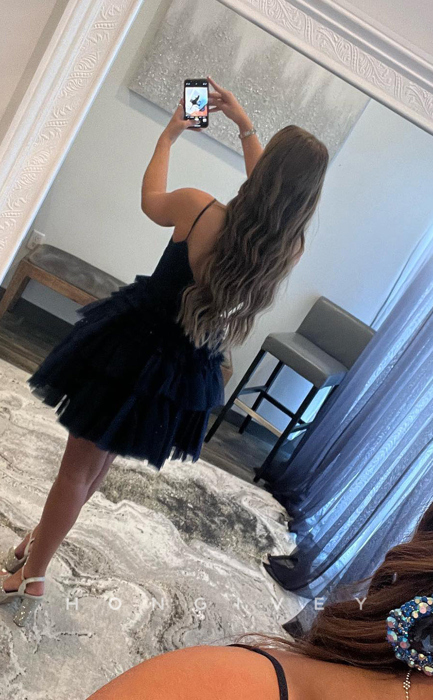 H1682 - Glitter Deep V-Neck Cake Short Homecoming Graduation Party Dress - Fashionpara