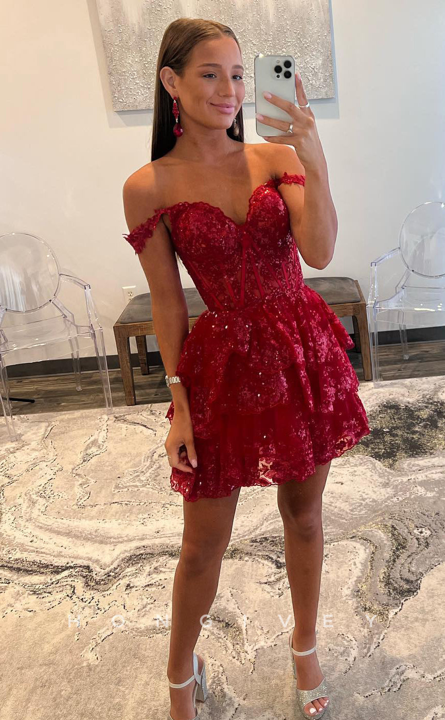 H1687 - Sparkly Fully Lace Sequined Short Graduation Party Homecoming Dress - Fashionpara