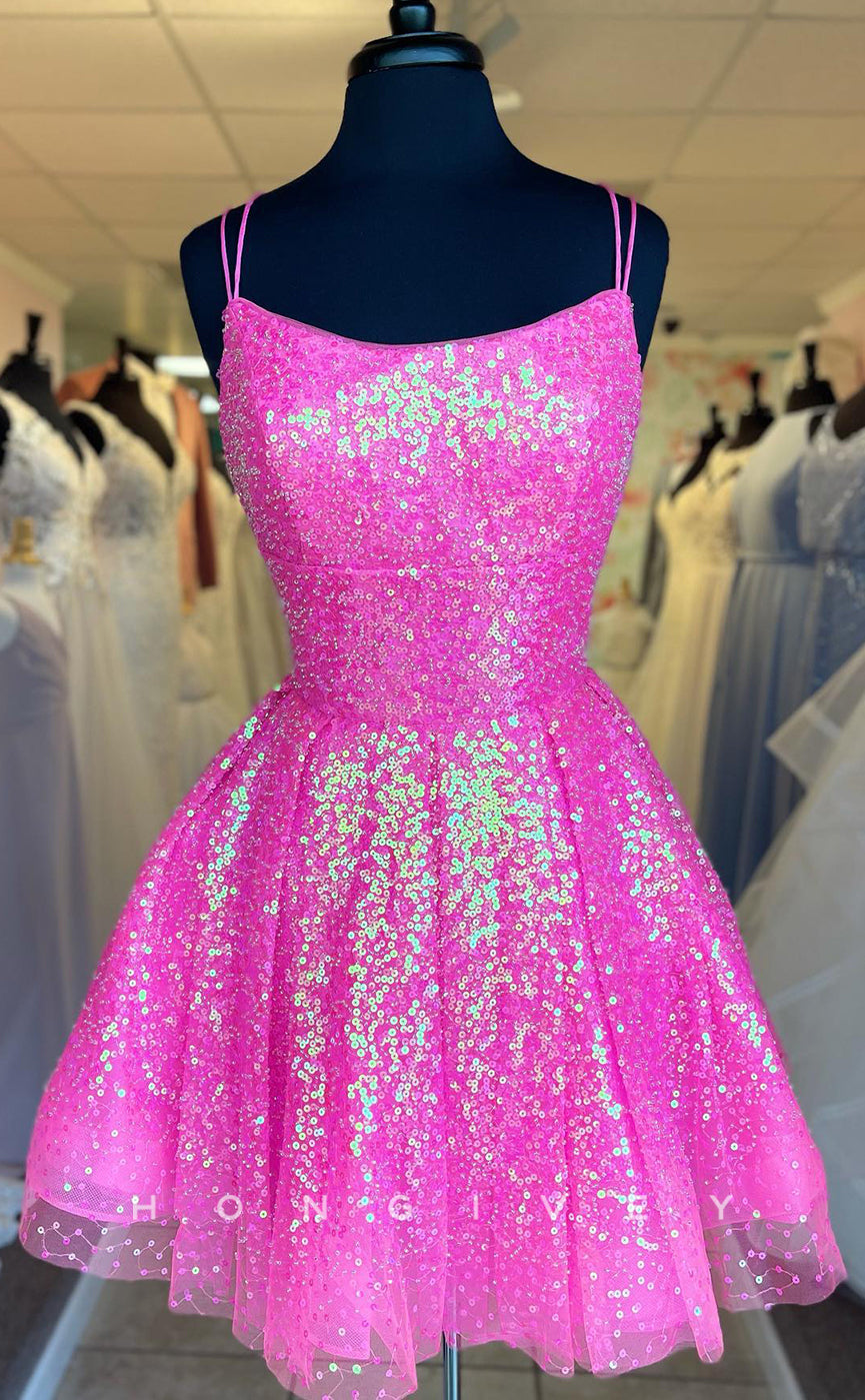 H1689 - Glitter Fully Sequined Lace-Up Back Short Graduation Party Homecoming Dress - Fashionpara