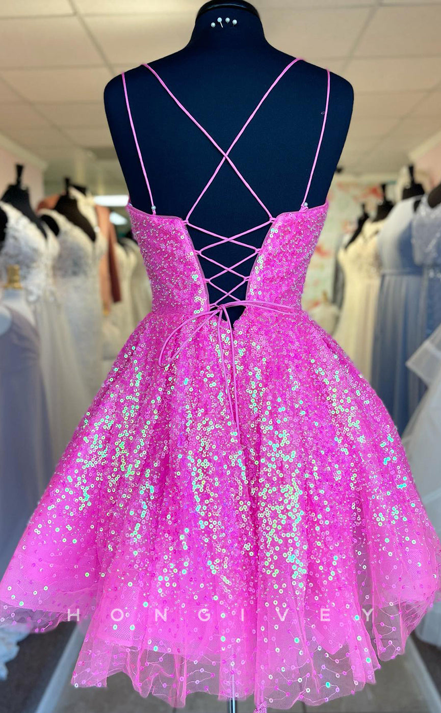 H1689 - Glitter Fully Sequined Lace-Up Back Short Graduation Party Homecoming Dress - Fashionpara