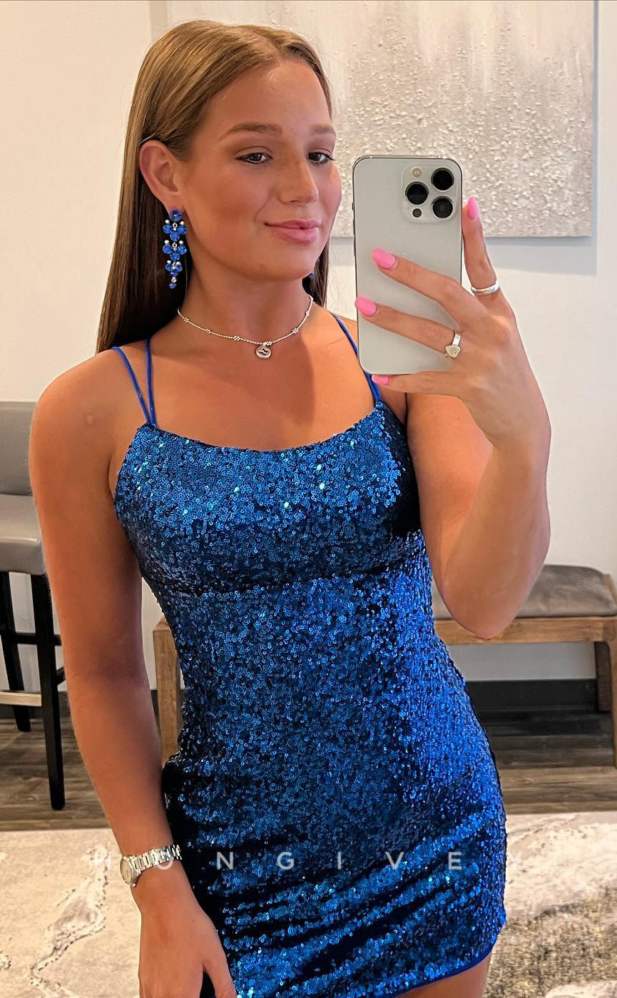 H1696 - Sparkly Fully Sequined Lace-Up Back Short Homecoming Party Graduation Dress - Fashionpara