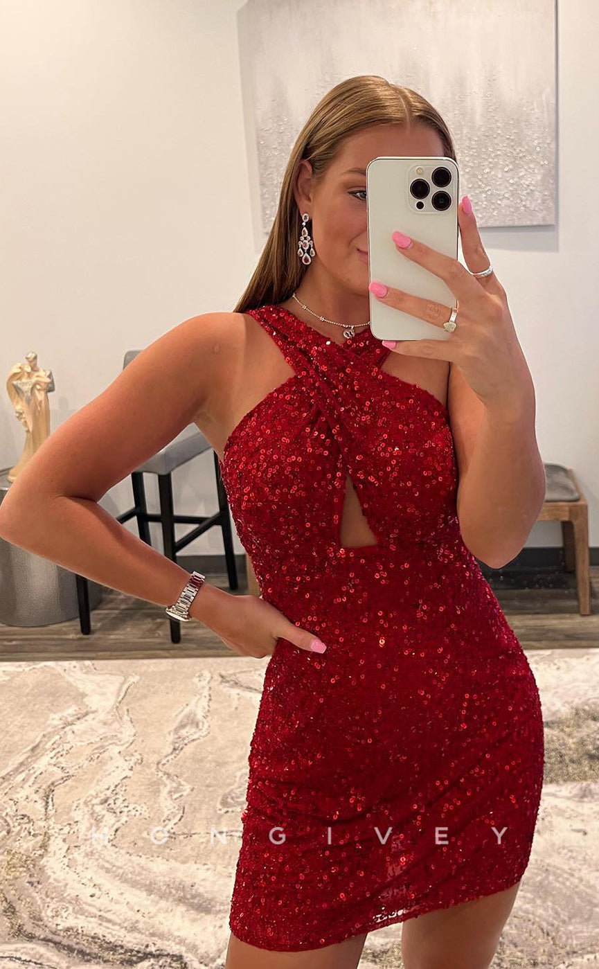 H1698 - Shiny Fully Sequined Cutout Open Back Short Party Graduation Homecoming Dress - Fashionpara