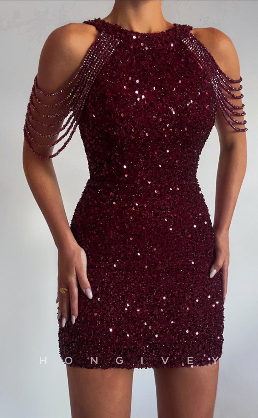 H1702 - Glitter Fully Sequined Beaded Short Party Homecoming Graduation Dress - Fashionpara