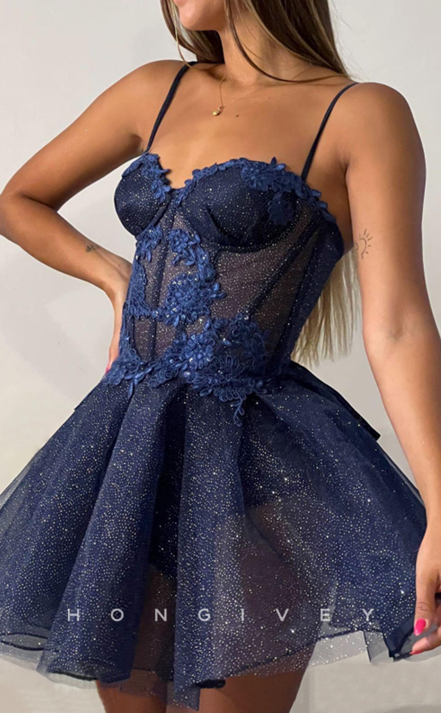 H1705 - Sparkly Lace Applique Illusion Strappy Short  Homecoming Graduation Party Dress - Fashionpara