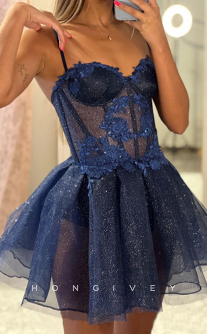 H1705 - Sparkly Lace Applique Illusion Strappy Short  Homecoming Graduation Party Dress - Fashionpara
