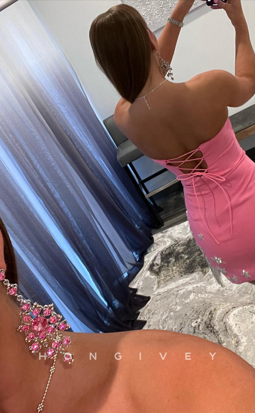 H1709 - Cute Rhinestone Embellished Strapless Lace-Up Back Short Graduation Homecoming Party Dress - Fashionpara