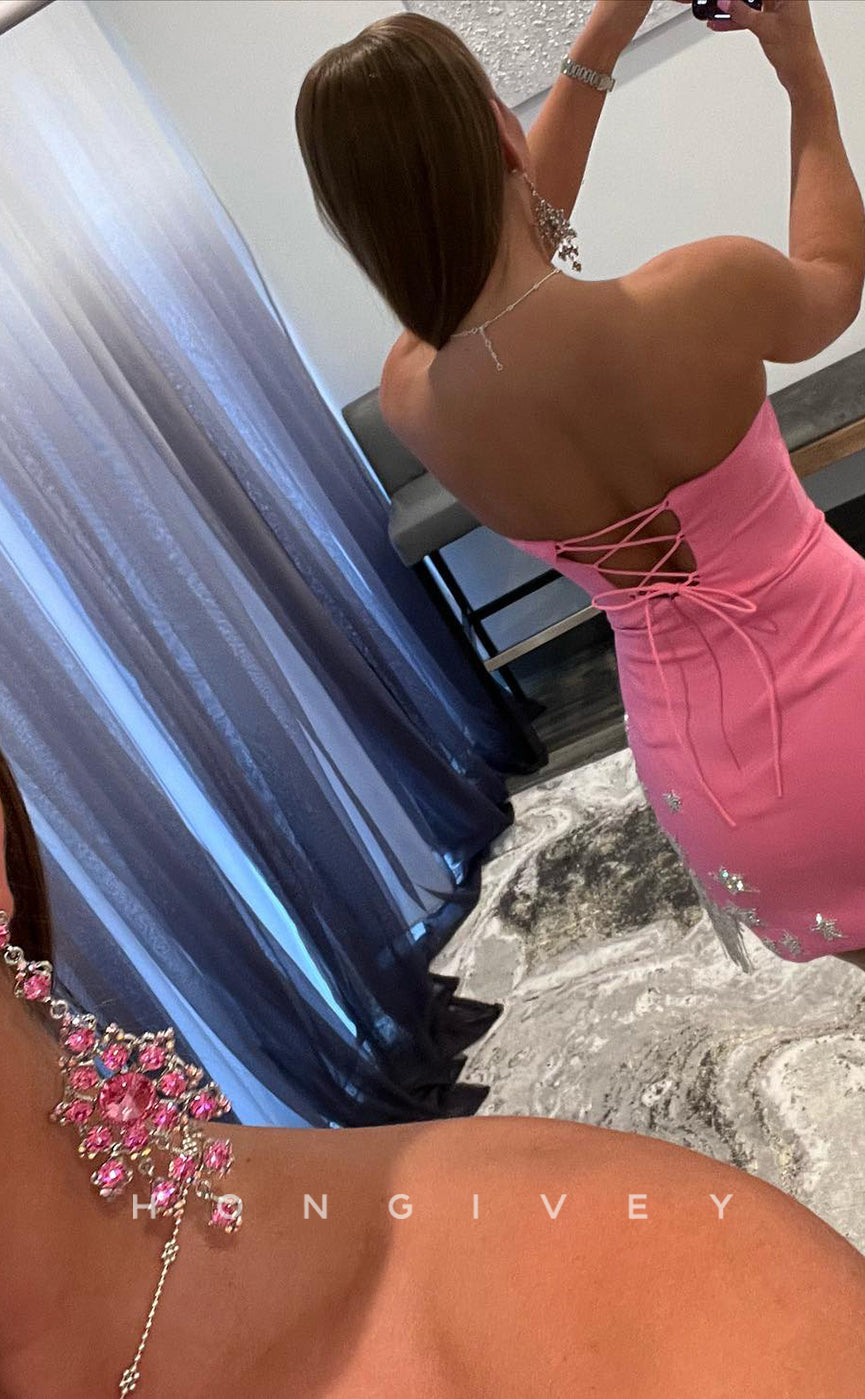 H1709 - Cute Rhinestone Embellished Strapless Lace-Up Back Short Graduation Homecoming Party Dress - Fashionpara