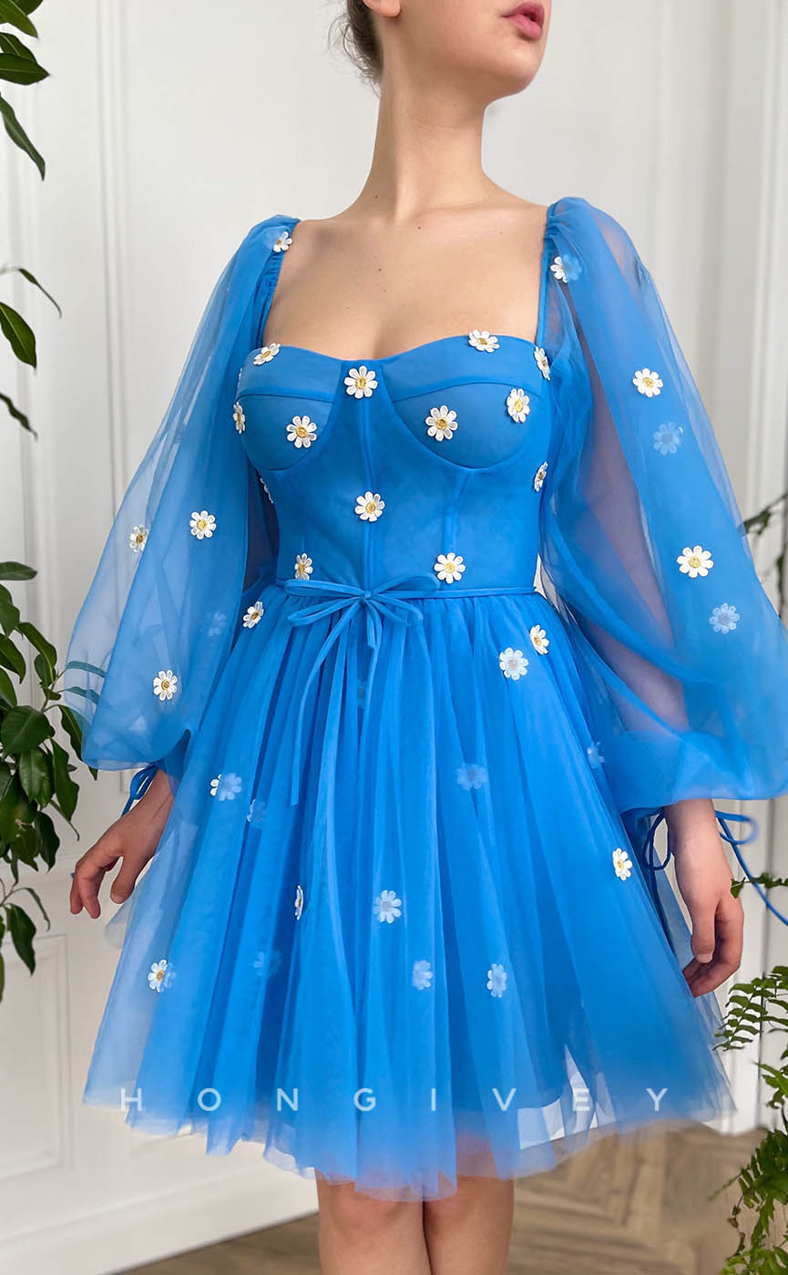 H1712 - Sweet Illusion Floral Appliqued Long Sleeve Short Graduation Party Homecoming Dress - Fashionpara
