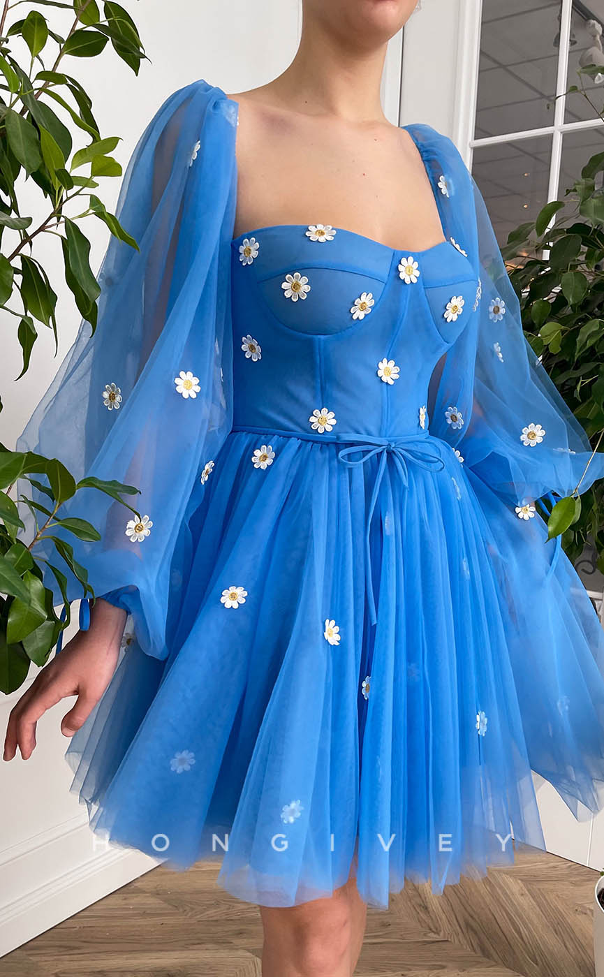 H1712 - Sweet Illusion Floral Appliqued Long Sleeve Short Graduation Party Homecoming Dress - Fashionpara