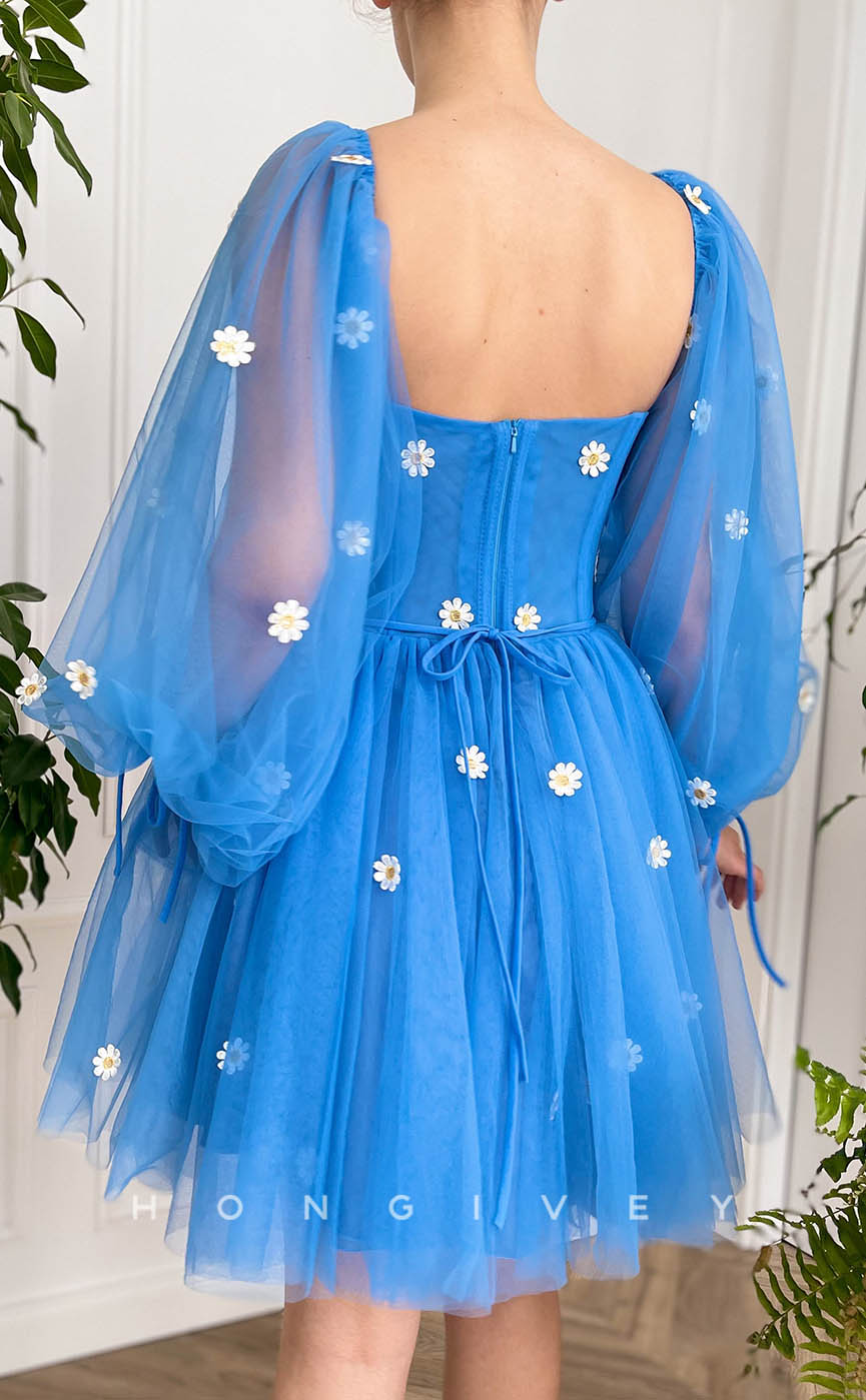 H1712 - Sweet Illusion Floral Appliqued Long Sleeve Short Graduation Party Homecoming Dress - Fashionpara