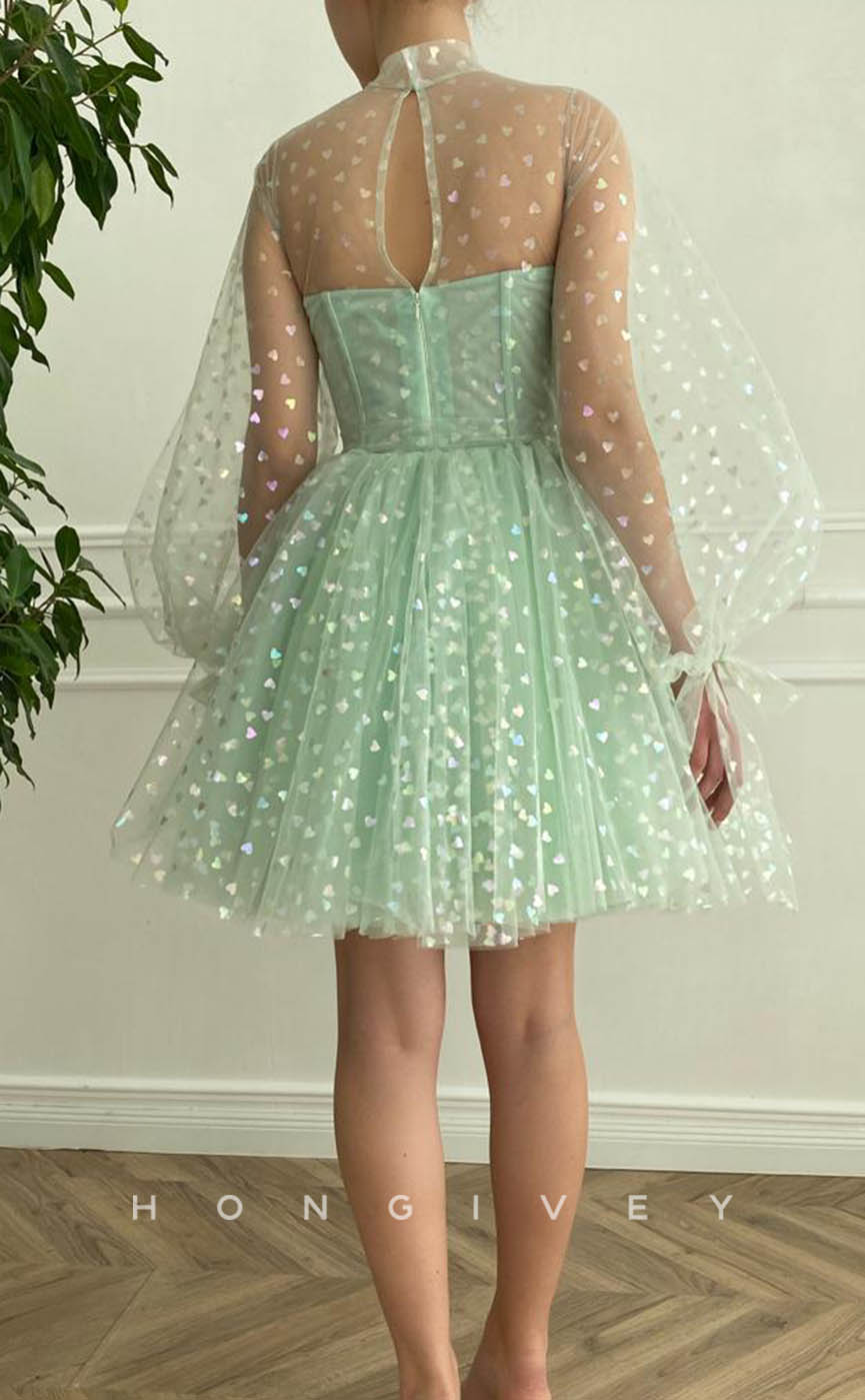 H1713 - Sweet Two Piece Print Sheer Long Sleeve Short Graduation Party Homecoming Dress - Fashionpara