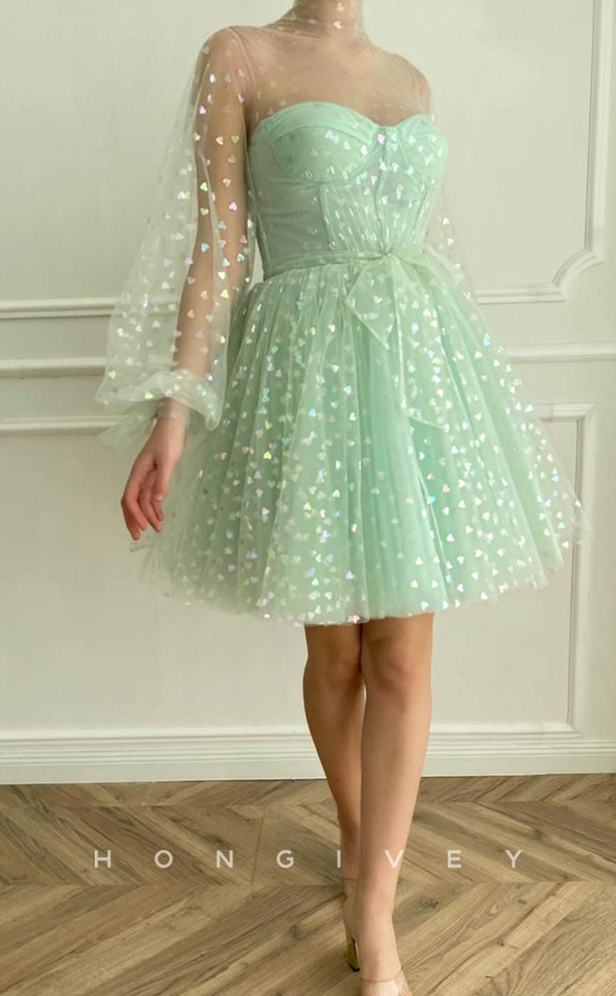 H1713 - Sweet Two Piece Print Sheer Long Sleeve Short Graduation Party Homecoming Dress - Fashionpara
