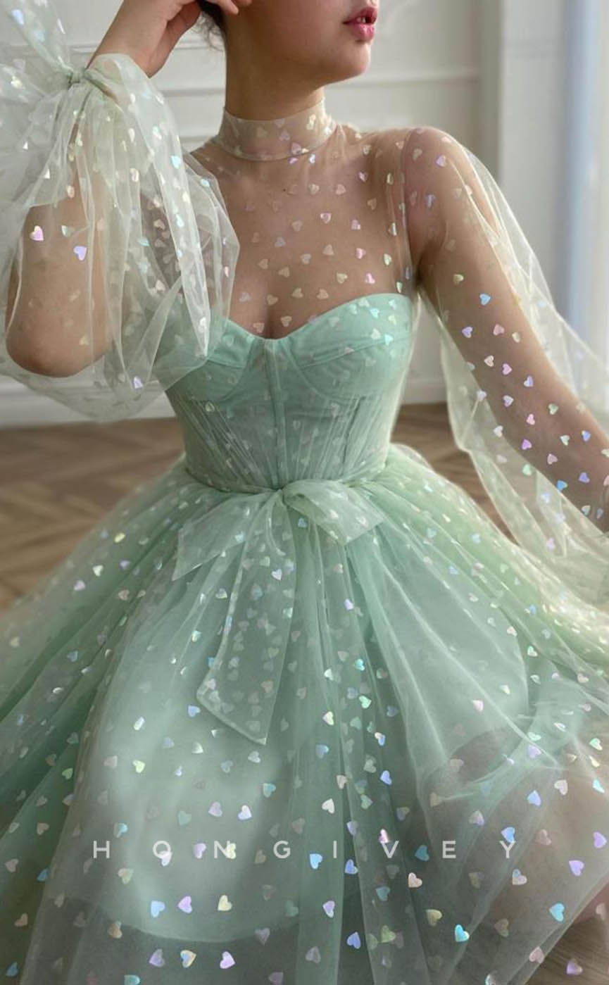 H1713 - Sweet Two Piece Print Sheer Long Sleeve Short Graduation Party Homecoming Dress - Fashionpara