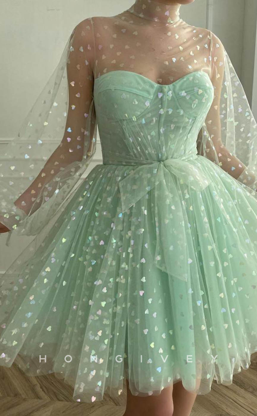 H1713 - Sweet Two Piece Print Sheer Long Sleeve Short Graduation Party Homecoming Dress - Fashionpara