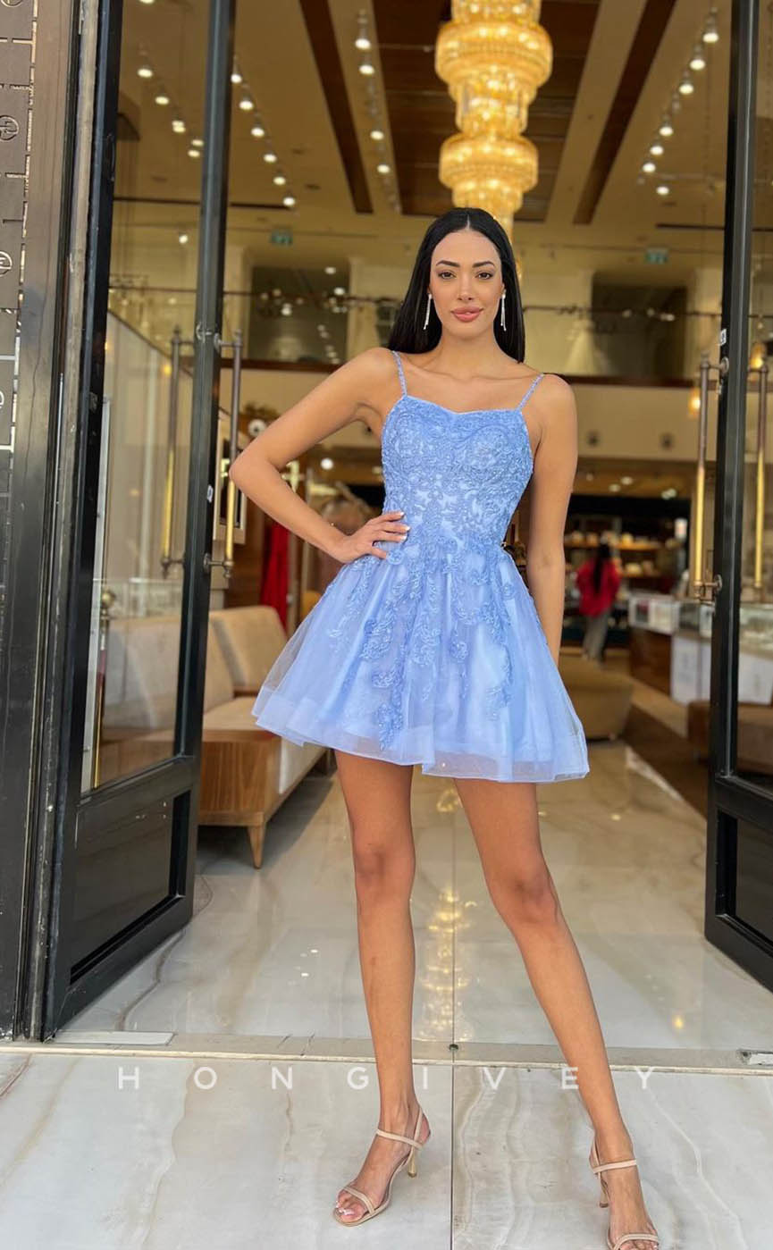 H1714 - Glitter Sheer Lace Embroidered Short Graduation Party Homecoming Dress - Fashionpara