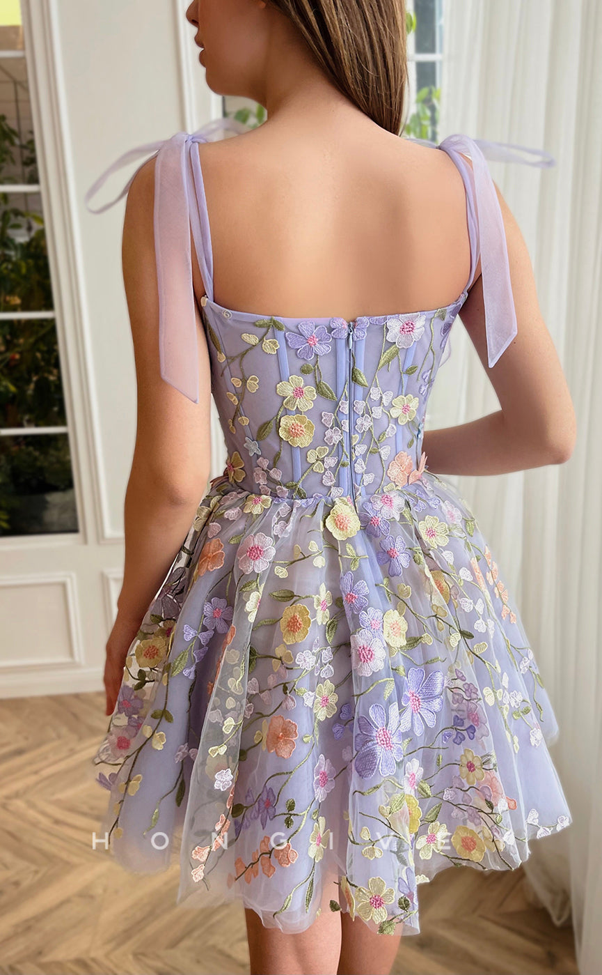 H1715 - Illusion Fully Floral Embroidered With Bow Detail Short Graduation Party Homecoming Dress - Fashionpara