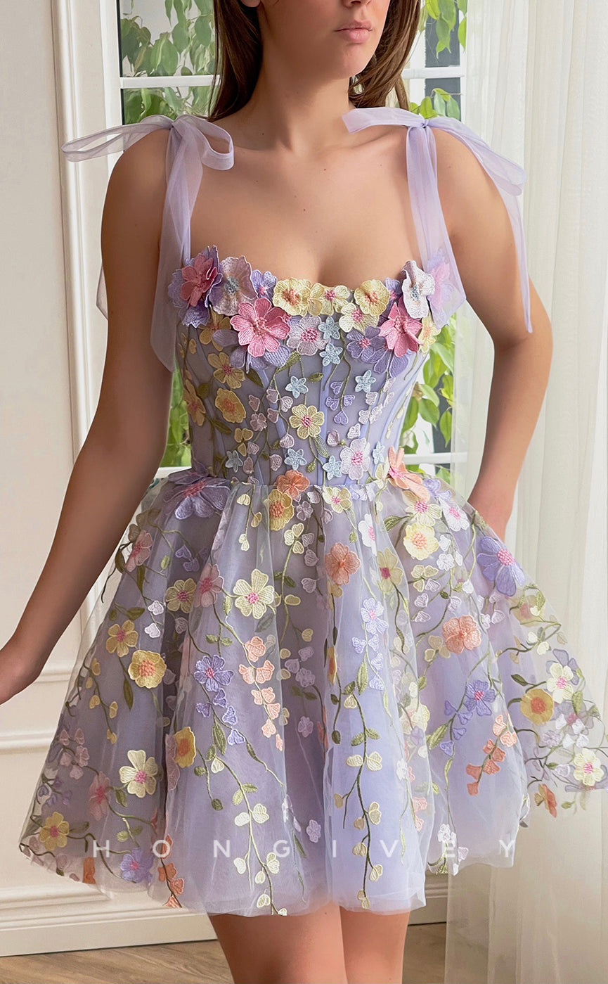 H1715 - Illusion Fully Floral Embroidered With Bow Detail Short Graduation Party Homecoming Dress - Fashionpara