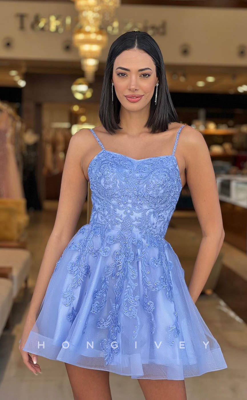H1714 - Glitter Sheer Lace Embroidered Short Graduation Party Homecoming Dress - Fashionpara