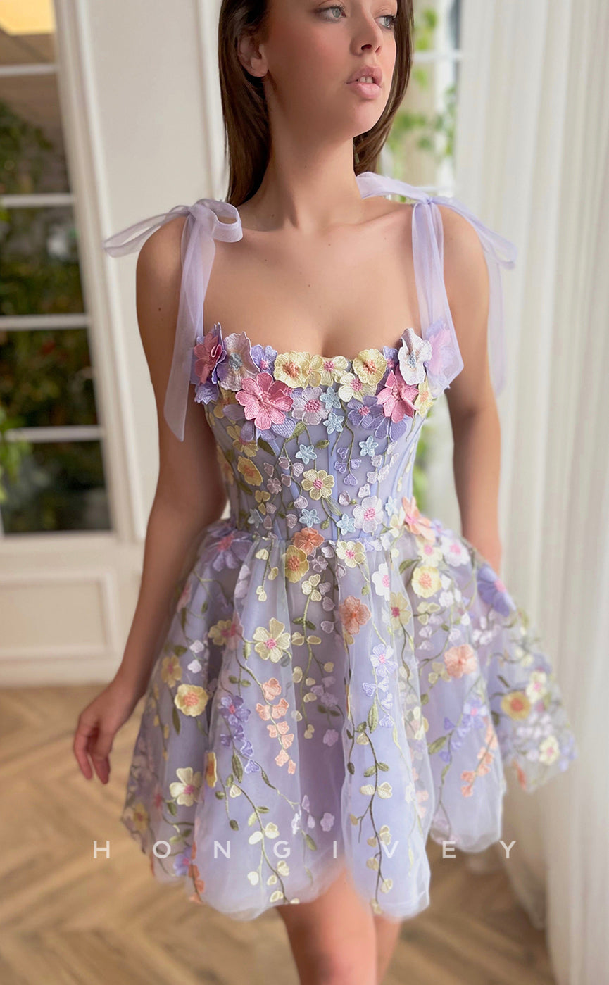 H1715 - Illusion Fully Floral Embroidered With Bow Detail Short Graduation Party Homecoming Dress - Fashionpara