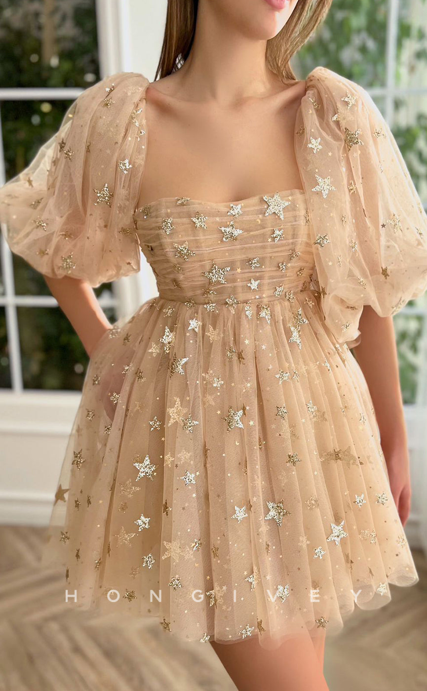 H1717 - Sheer Fully Star Shape Glitter Print Puff Sleeves Short Graduation Party Homecoming Dress - Fashionpara