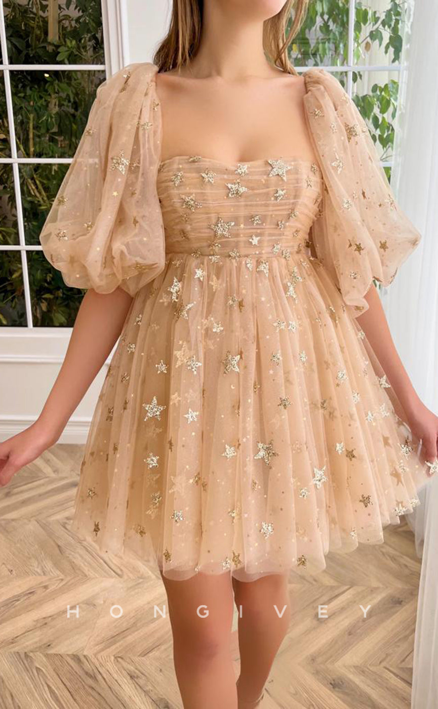 H1717 - Sheer Fully Star Shape Glitter Print Puff Sleeves Short Graduation Party Homecoming Dress - Fashionpara