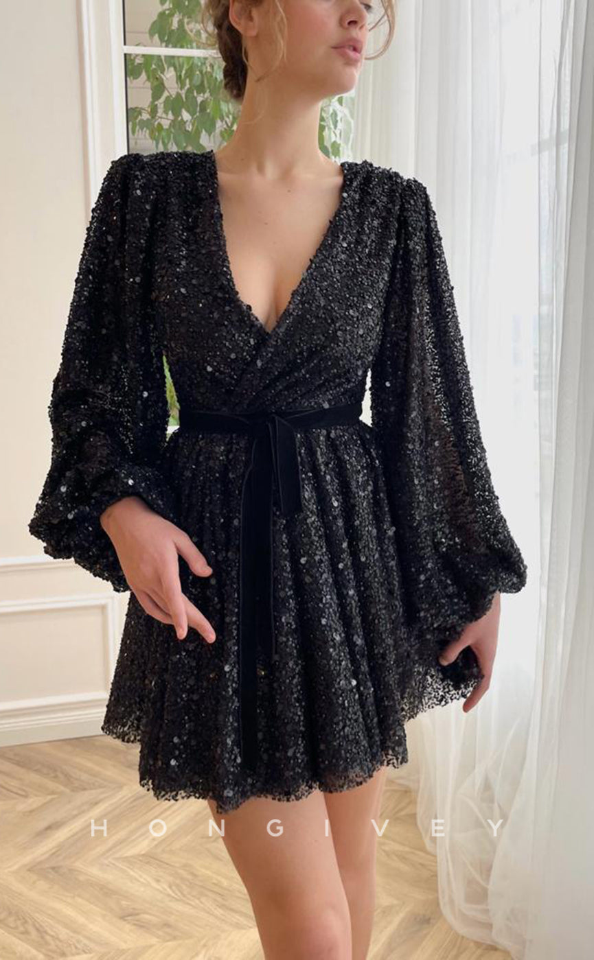 H1718 - Fully Sequined Deep V-Neck Long Sleeves Belt Short Graduation Party Homecoming Dress - Fashionpara