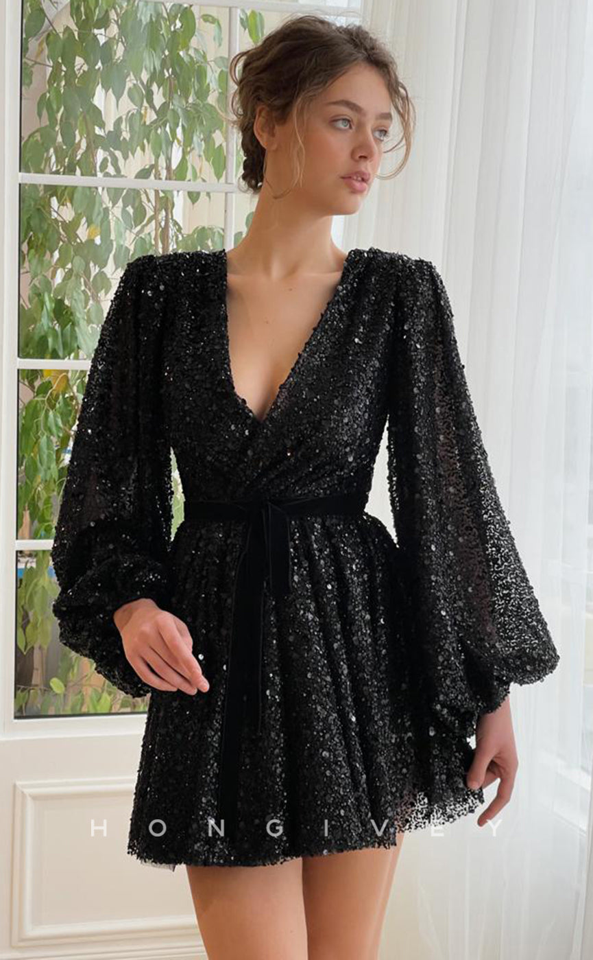 H1718 - Fully Sequined Deep V-Neck Long Sleeves Belt Short Graduation Party Homecoming Dress - Fashionpara