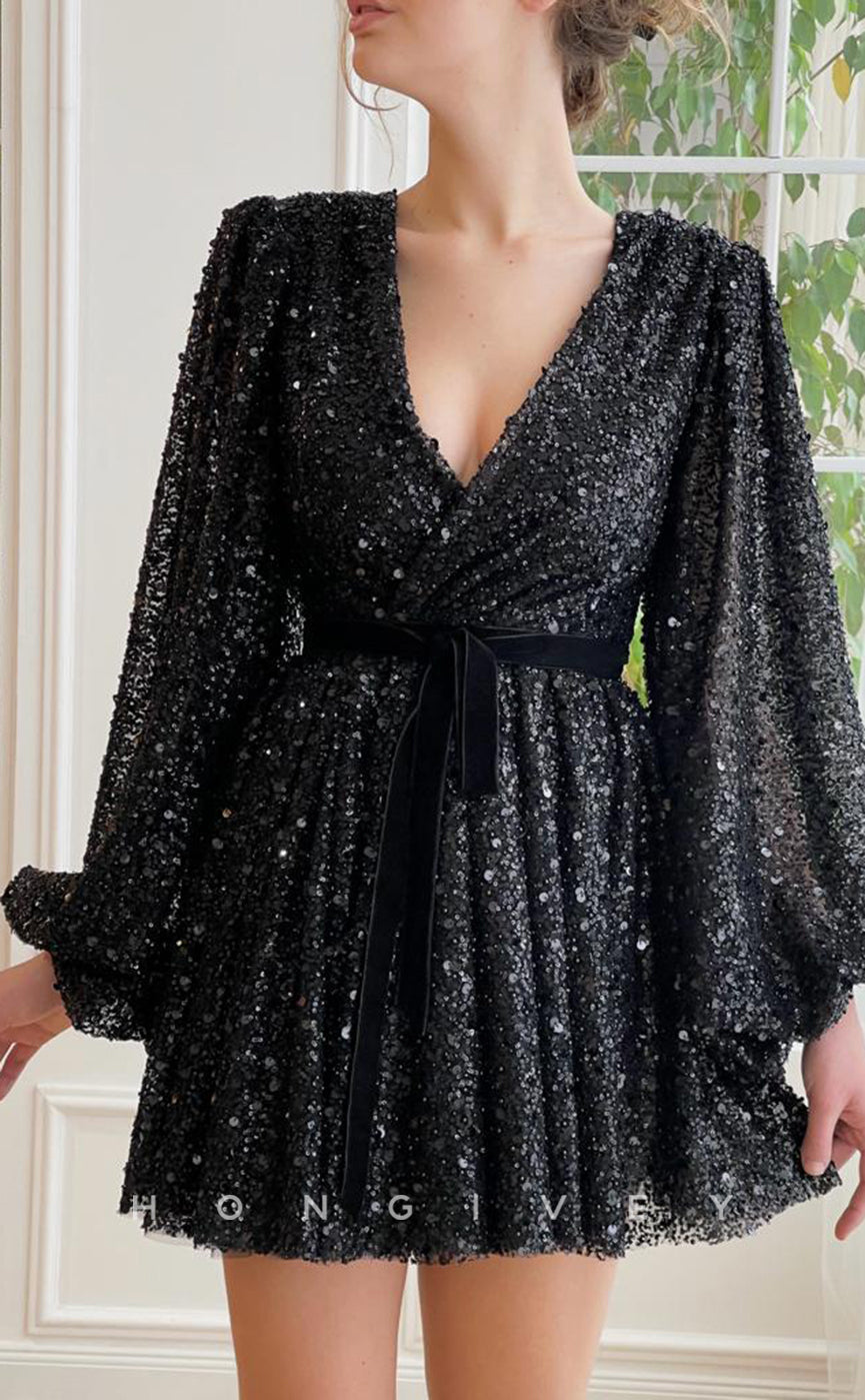 H1718 - Fully Sequined Deep V-Neck Long Sleeves Belt Short Graduation Party Homecoming Dress - Fashionpara