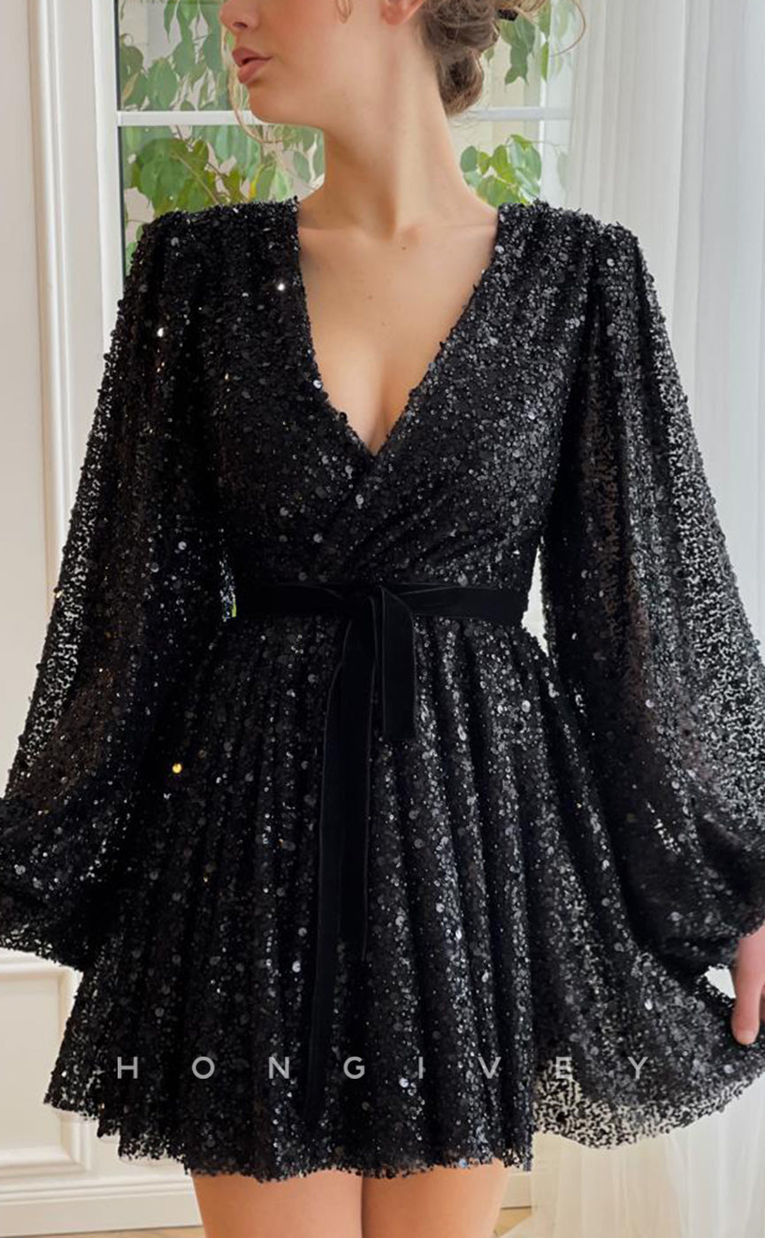 H1718 - Fully Sequined Deep V-Neck Long Sleeves Belt Short Graduation Party Homecoming Dress - Fashionpara