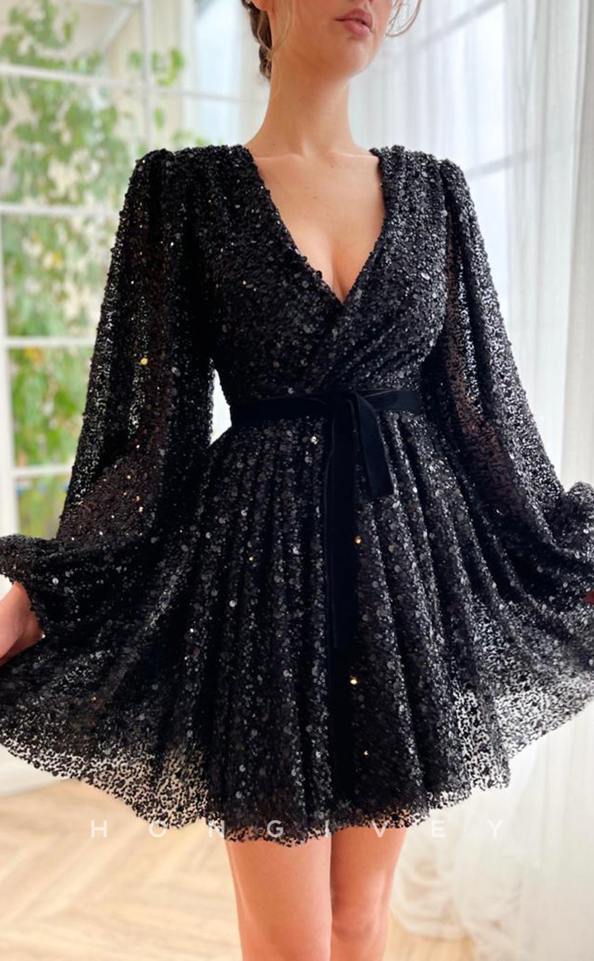 H1718 - Fully Sequined Deep V-Neck Long Sleeves Belt Short Graduation Party Homecoming Dress - Fashionpara
