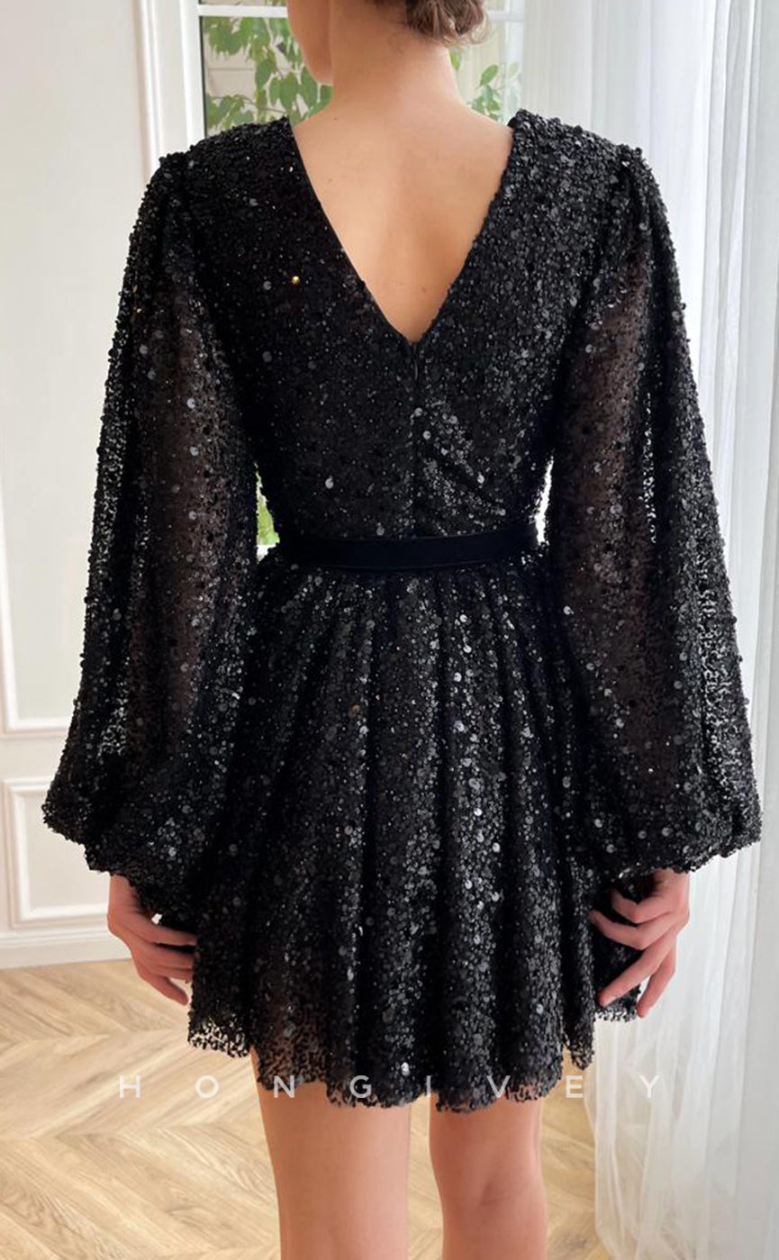 H1718 - Fully Sequined Deep V-Neck Long Sleeves Belt Short Graduation Party Homecoming Dress - Fashionpara